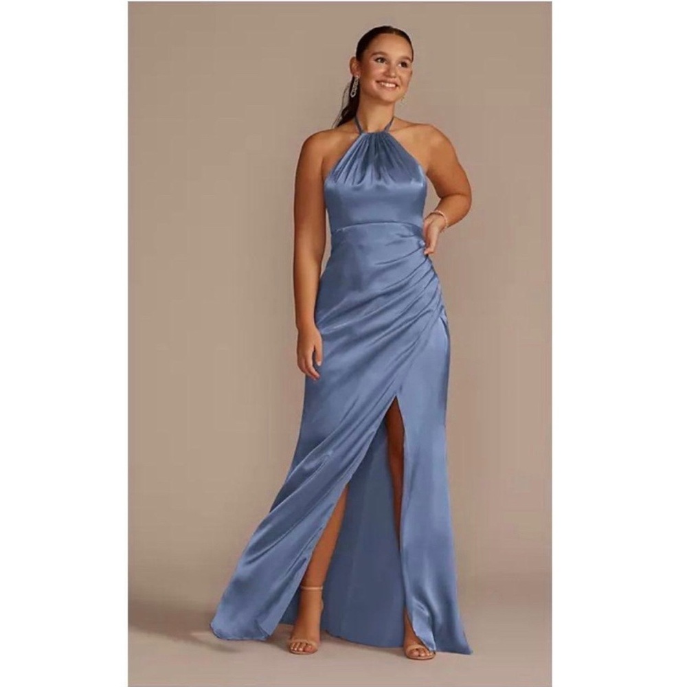 Galina Signature Tie-Neck Charmeuse Halter Bridesmaid Dress - Steel Blue